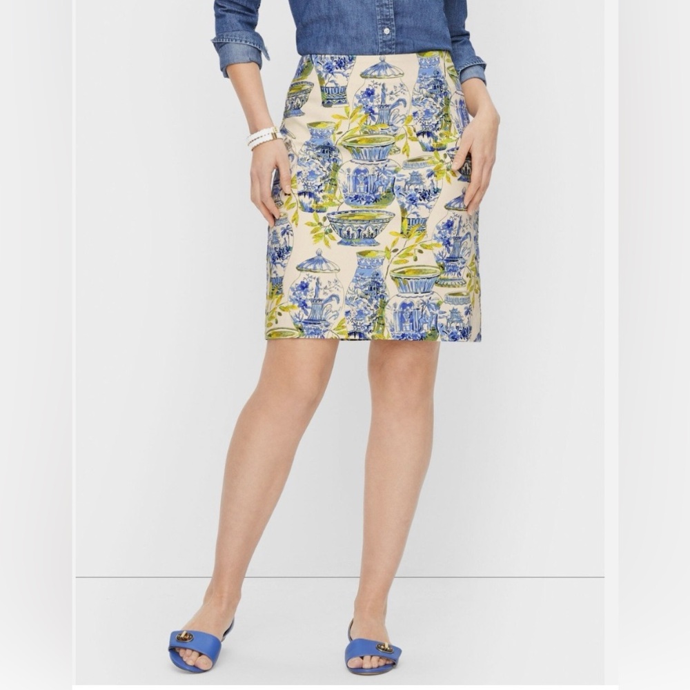 Talbots Blue & Green Watercolor Vase Patterned Pencil Skirt size 2